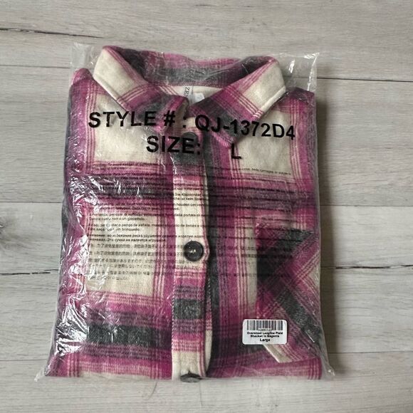 ZENANA OVERSIZED LONGLINE PLAID SHACKET IN MAGENTA‎ L NWT in packaging - Picture 3 of 5
